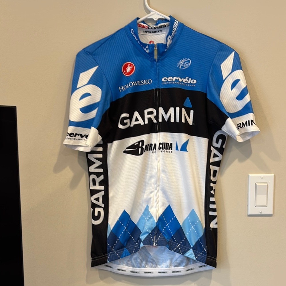 Garmin Blue and White Jersey with Geometric Design